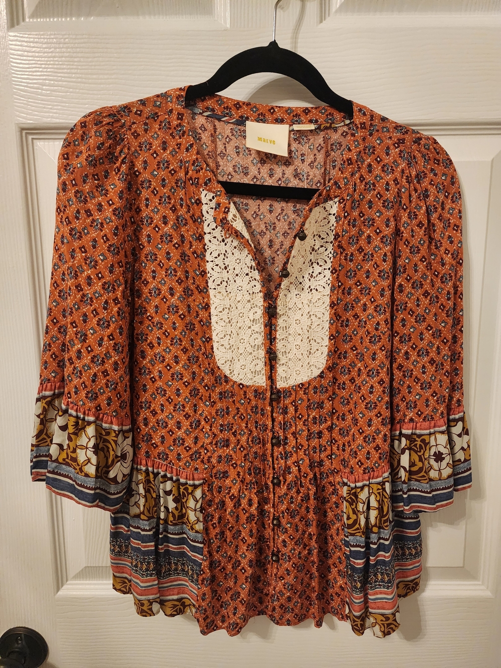 Maeve Lila Orange Printed Crochet-Bib Boho Top